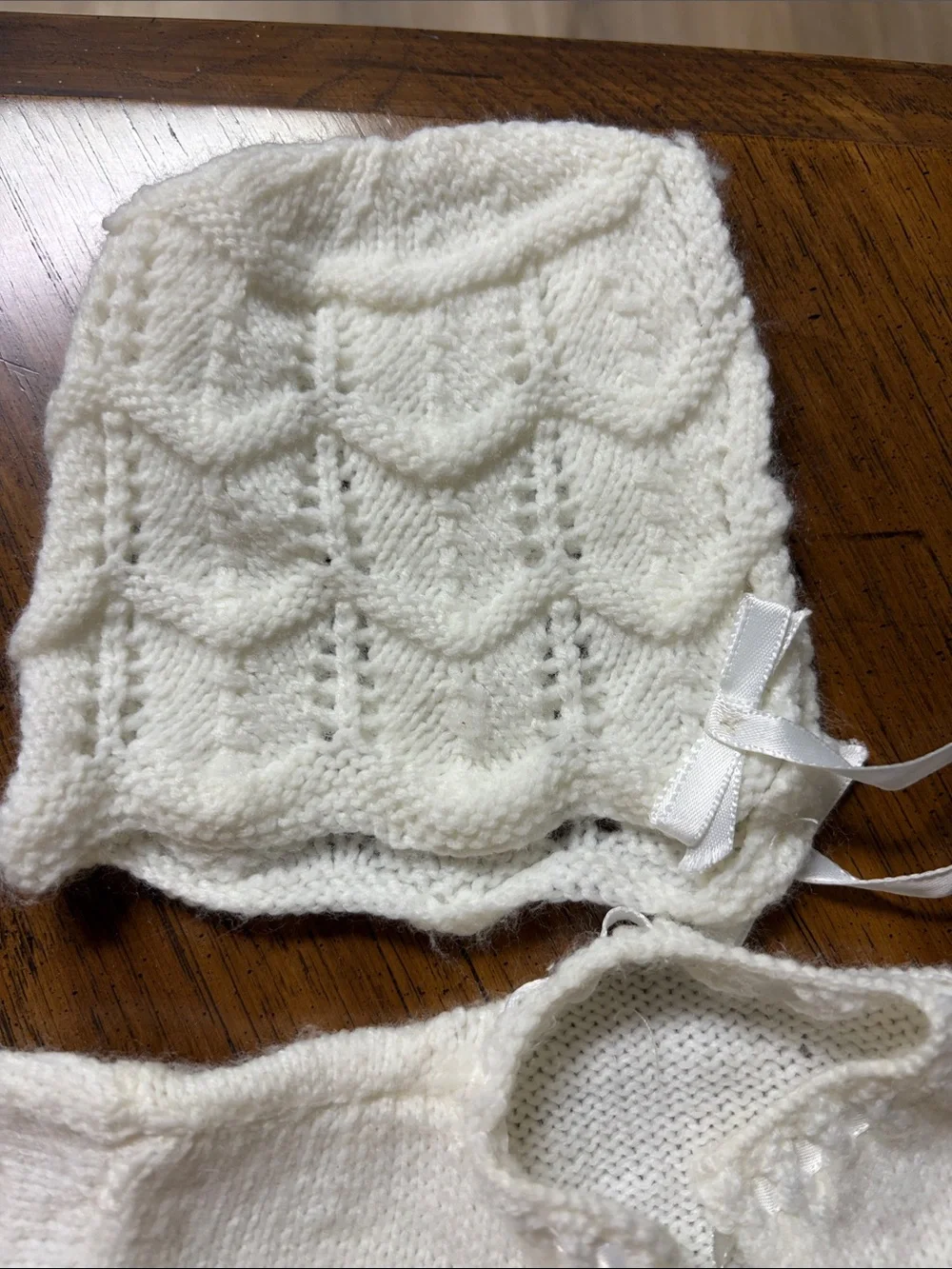 Vintage Handknit Ivory Baby Cardigan, Bonnet & Booties Set